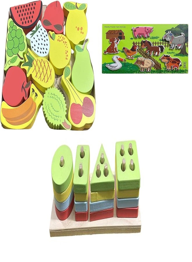 Kinder Creative 3D Fruits Stacking Puzzle,Chunky Stacking Farm Animals Puzzle,Geometrical Column Blocks for Toddlers, Educational Puzzle and Toys for Kids Pack of 3 - Image 1